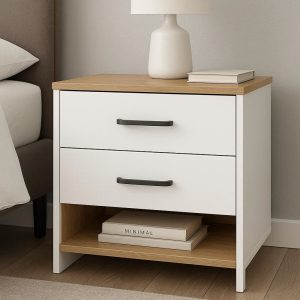 Modern Bedside Table – 2 Storage Drawers & Open Wood Shelf for Bedroom