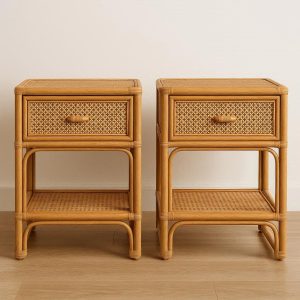 Set of 2 Rattan Nightstands – Boho Bedside Tables with Drawers